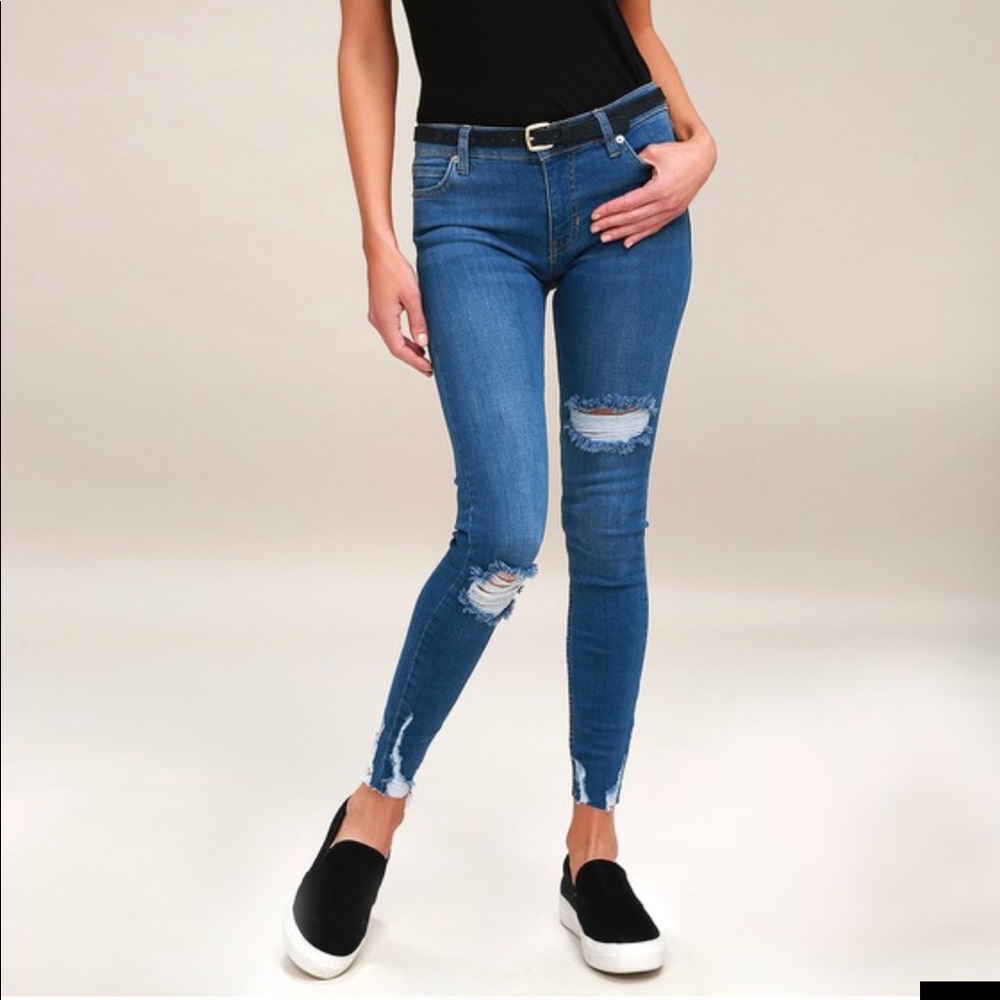 Free People Shark Bite Blue Distressed Skinny Jean